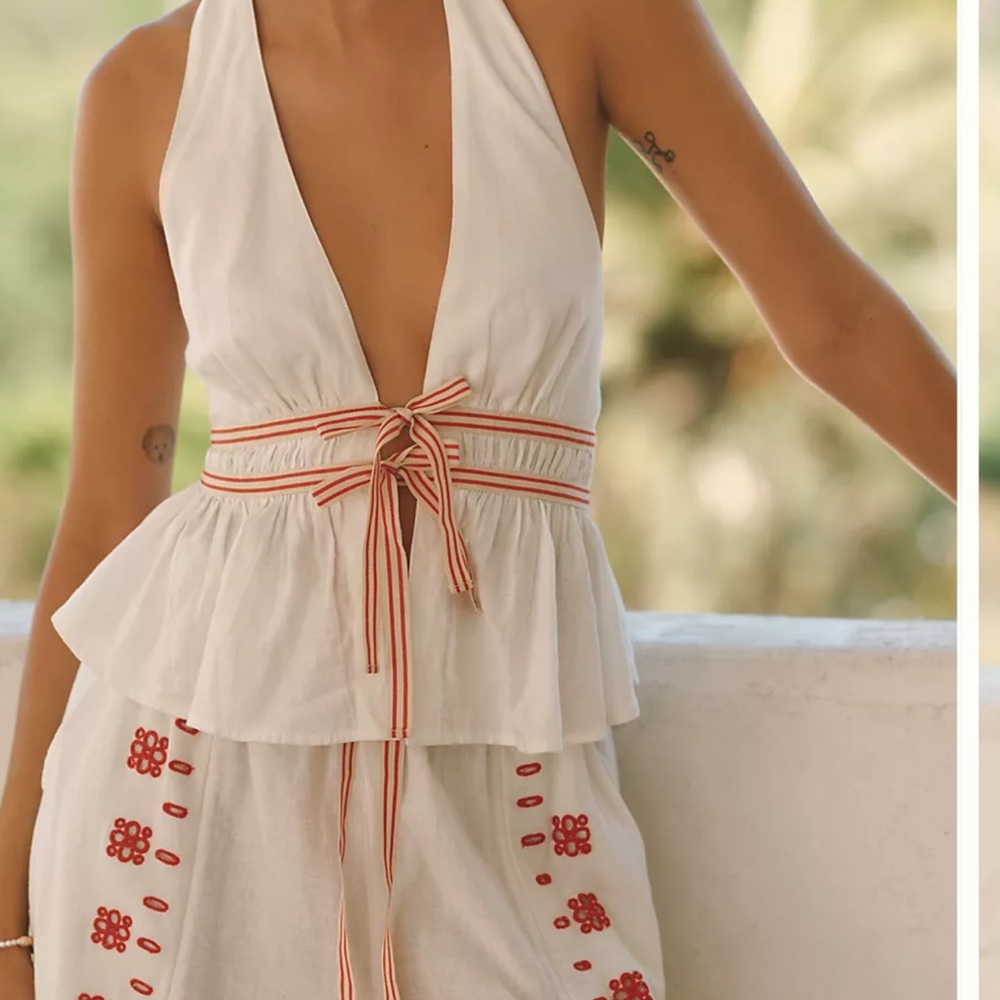 Anthropologie White Halter Top  with Red-Striped Waist Tie
